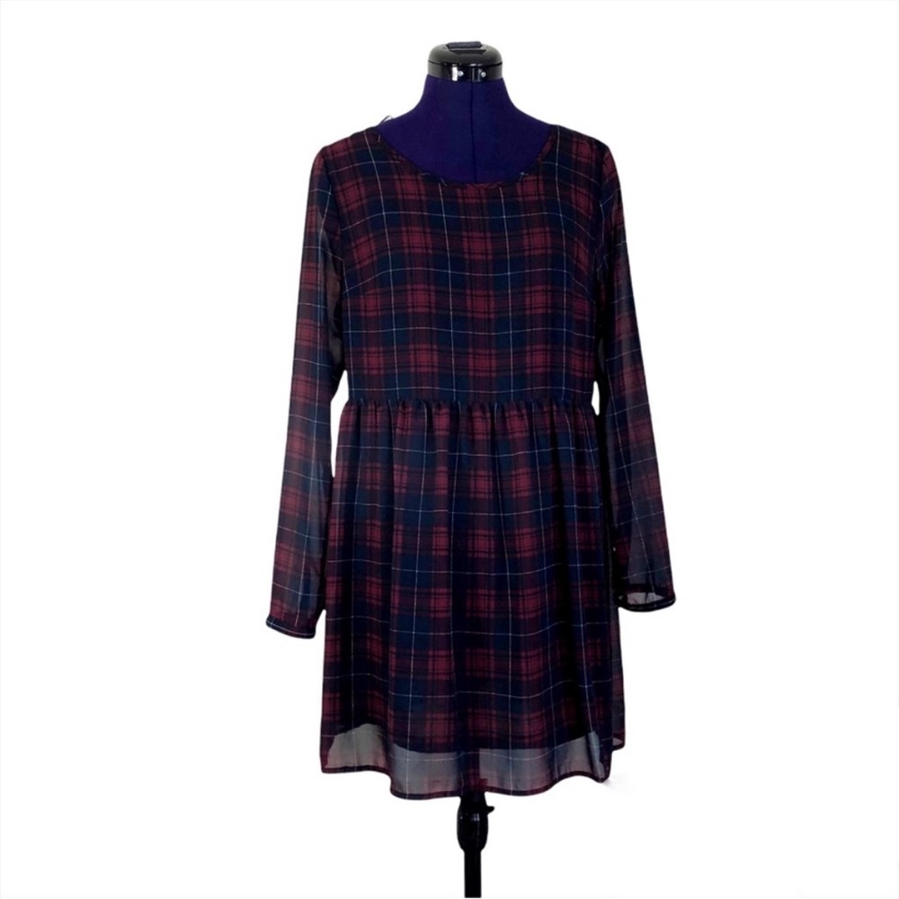 Divided Red Blue Plaid Long Sleeve Dress